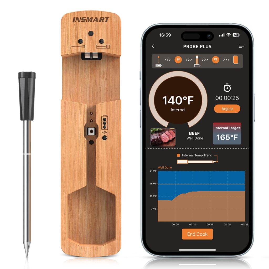 INSMART Wireless Smart Meat Thermometer,330FT Bluetooth Range,100% Waterproof,Precision Cooking Grilling,Multi Sensors,for BBQ,Oven,Grill,Kitchen,Smoker, Rotisserie Turkey Beef (Wood)