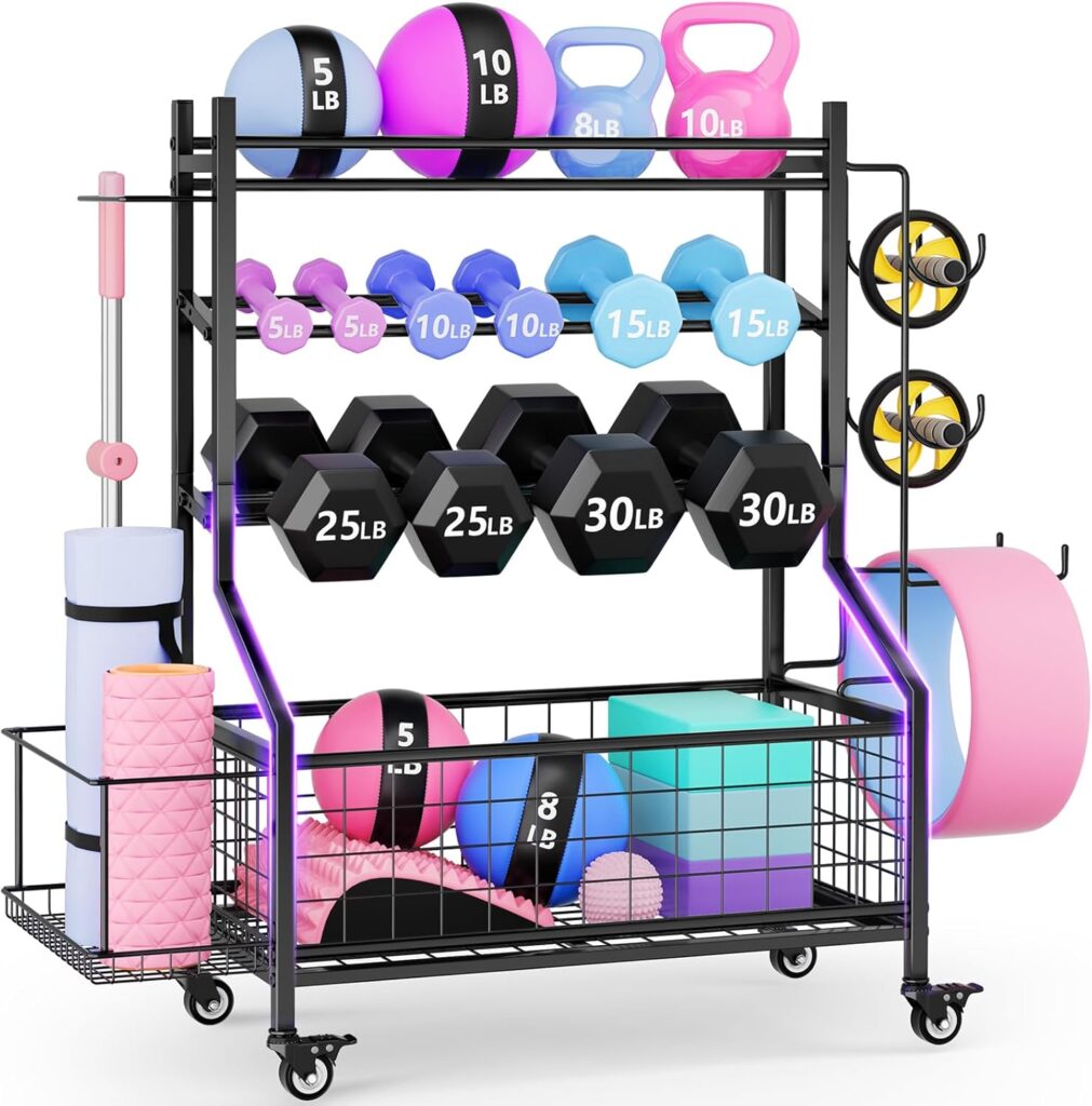 WUC Adjustable Dumbbell Rack, Weight Rack for Home Gym Storage, All-in-One Workout Equipment Storage with Wheels and Hooks for Dumbbells, Kettlebells, Yoga Mats & Balls, Durable Powder Coated Steel