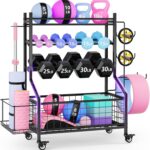 WUC Adjustable Dumbbell Rack, Weight Rack for Home Gym Storage, All-in-One Workout Equipment Storage with Wheels and Hooks for Dumbbells, Kettlebells, Yoga Mats & Balls, Durable Powder Coated Steel