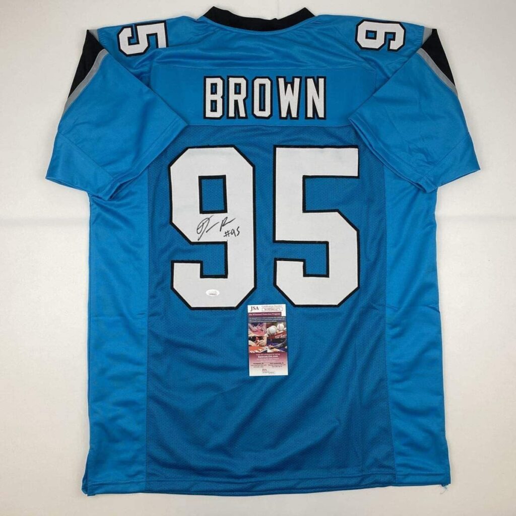 Autographed/Signed Derrick Brown Carolina Blue Football Jersey JSA COA