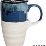 Bosmarlin Ceramic Travel Coffeel Mug with Handle and Lid, 18 oz, Portable Coffee Cup for Car Cup Holder, Microwave and Dishwasher Safe, Reactive Glaze (Deep Blue)