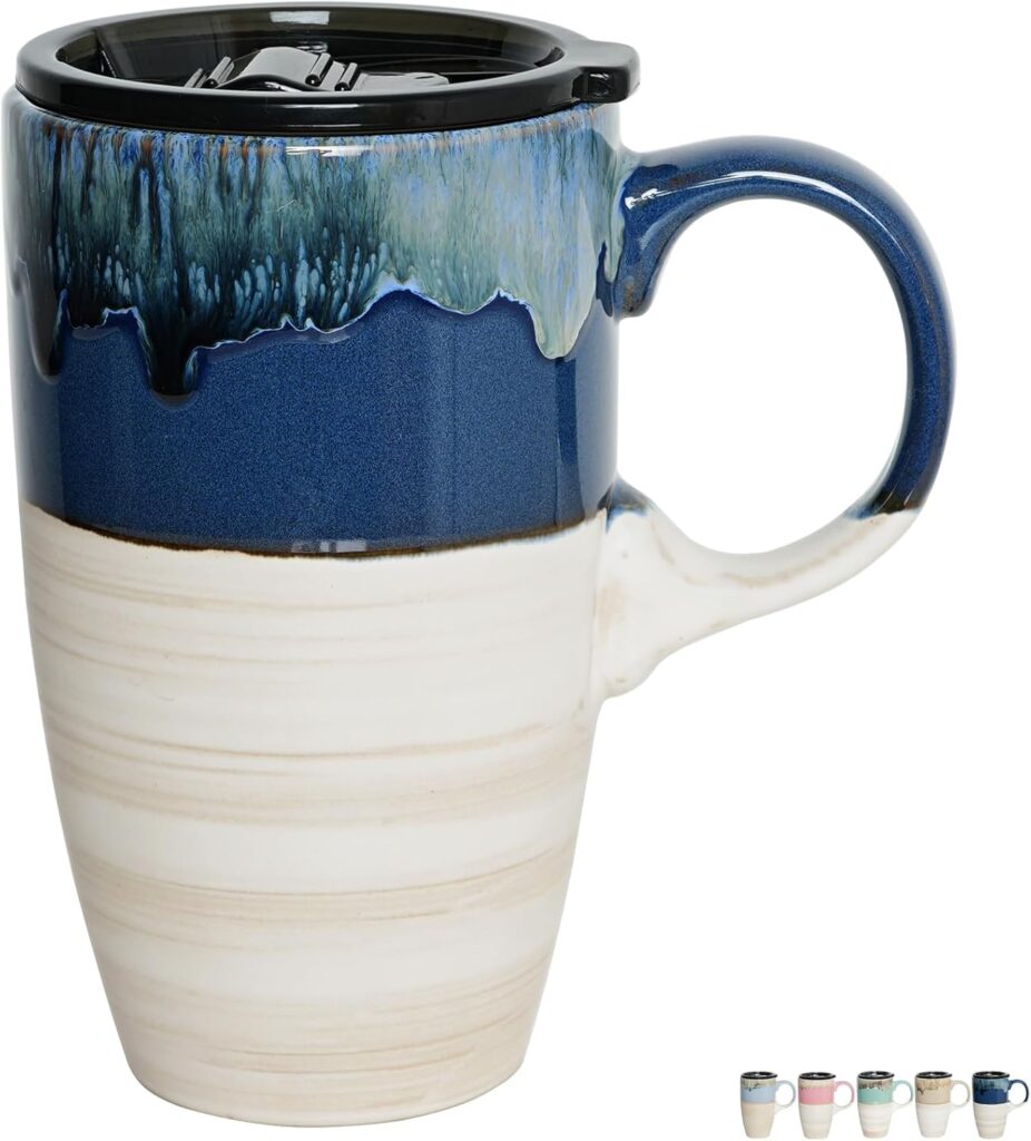 Bosmarlin Ceramic Travel Coffeel Mug with Handle and Lid, 18 oz, Portable Coffee Cup for Car Cup Holder, Microwave and Dishwasher Safe, Reactive Glaze (Deep Blue)