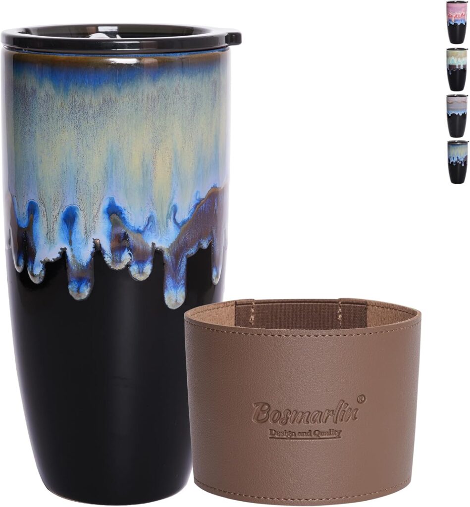 Bosmarlin Ceramic Travel Coffee Mug with Lid, 21 oz, Portable Coffee Cup for Car Cup Holder, Microwave and Dishwasher Safe, Reactive Glaze
