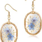 Pressed Flower Earrings,Handmade Forget-Me-Not and Queen Anne’s Lace Wildflower Earrings,Unique Resin Dried Flower,Perfect for Parties