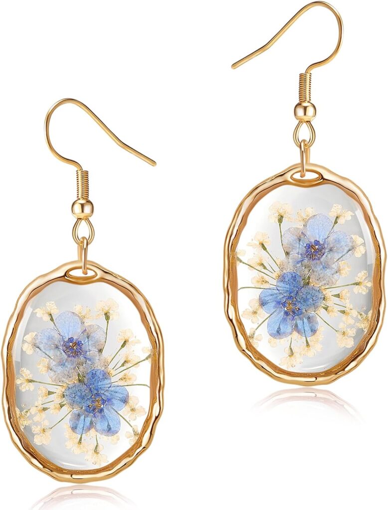 Pressed Flower Earrings,Handmade Forget-Me-Not and Queen Anne’s Lace Wildflower Earrings,Unique Resin Dried Flower,Perfect for Parties