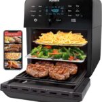 Nuwave Brio Air Fryer Oven, 15.5Qt X-Large Family Size, SS Rotisserie Basket &Skewer-Kit, Reversible Ultra Non-Stick Grill/Griddle Plate, Powerful 1800W, Integrated Smart Thermometer,Black