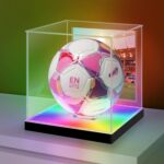 LASOA Soccer Display Case with RGBW LED Light, Self-Assembly Acrylic Display Box for Memorabilia, UV Protection Dust Proof for Full Size Autographed Ball with Ball Stand and Photo Holder