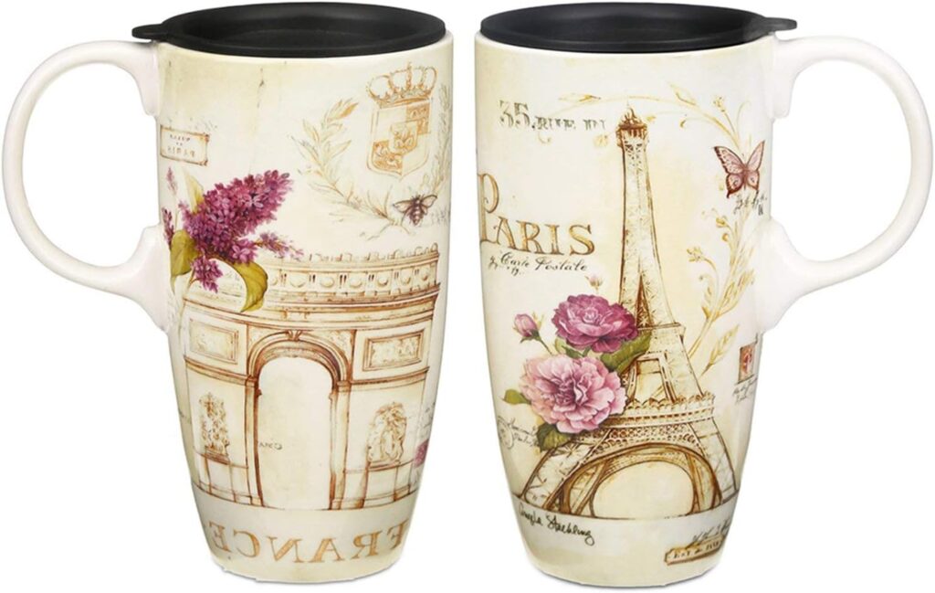 CEDAR HOME Travel Coffee Ceramic Mug Porcelain Latte Tea Cup With Lid in Gift Box 17oz., France Eiffel Tower, 2 Pack