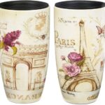 CEDAR HOME Travel Coffee Ceramic Mug Porcelain Latte Tea Cup With Lid in Gift Box 17oz., France Eiffel Tower, 2 Pack