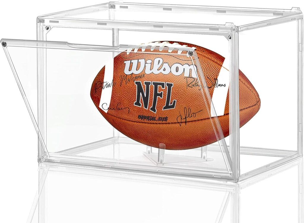 Leffis Football Display Case, Football Case Display Case, Memorabilia Display Cases with Magnetic Door and Removable Football Stand for Autographed Football (Assembly Required)