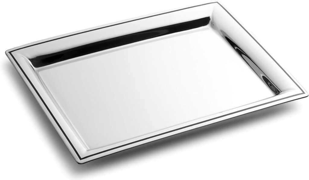 Royalty Art Fancy Serving Tray, 16” x 9.5”, Polished Silver Stainless Steel, Elegant Home Decor for Appetizers, Hor Dourves, Wine, and Event Hosting, Engraved Black Line