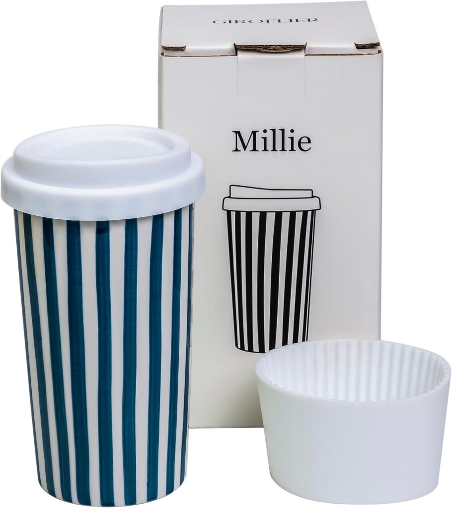 Millie 12oz Ceramic Tumbler – Stylish Travel Coffee cup with Lid, Microwave & Dishwasher Safe – Ceramic Travel Mug with Lid – Unique Gift Idea for Women & Men Who Love Coffee on the Go
