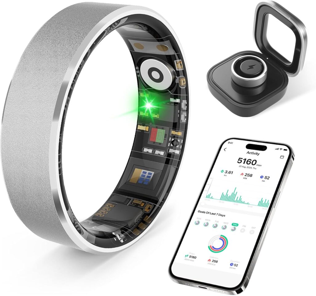 Smart Health Ring, Featuring Heart Rate, Stress and Sleep Monitoring Functions, Compatible with iPhone and Android, Waterproof Fitness Tracker for Women & Men, No Subscription Fee. (Silver, 8)