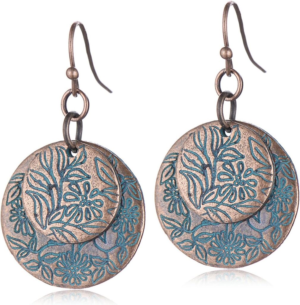 Handmade Unique Bohemian Tribal Hoop Spiral Leaf Flower Earring Lightweight Vintage Bronze Round Circle Geometry Dangle Drop Earrings for Women
