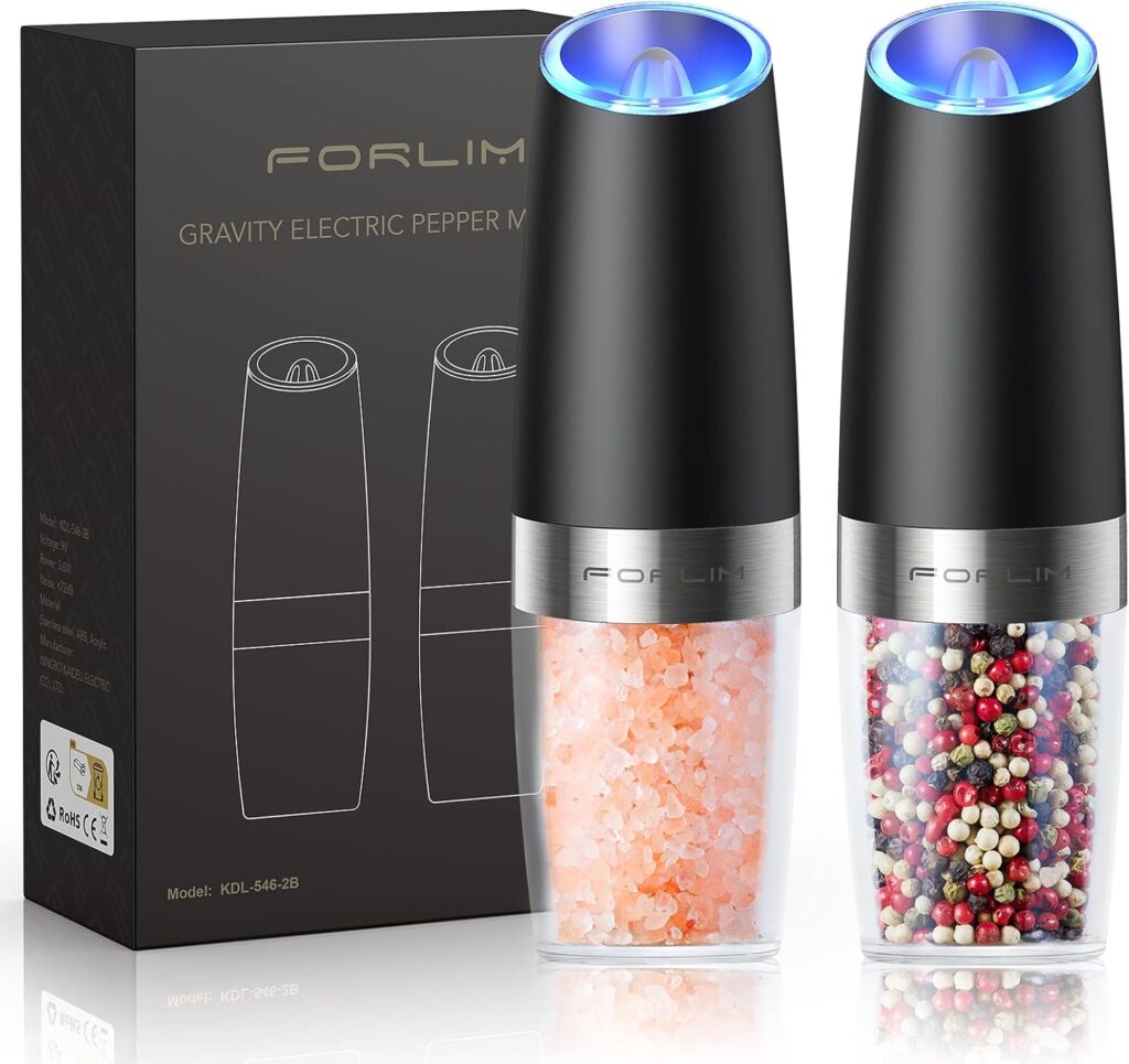 FORLIM Gravity Electric Salt and Pepper Grinder Set, Automatic Pepper Grinder Shakers Mill, Upgraded Batteries Powered Adjustable Coarseness with LED, One Hand Operation Perfect for Kitchen(Black)