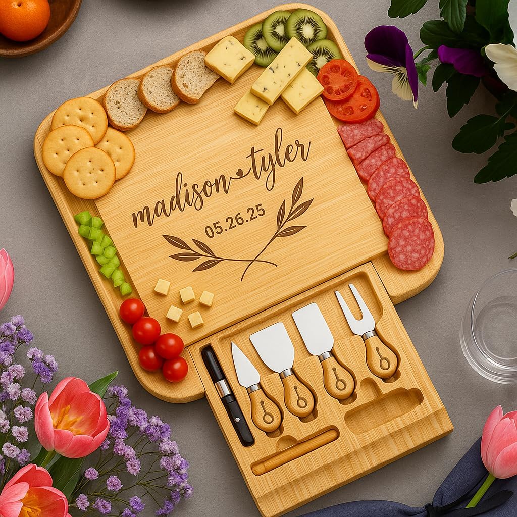 Personalized Charcuterie Board Gift Set – Custom Engraved Charcuterie Boards, Bamboo Cheese Board & Meat Platter – Wedding Gifts, Housewarming Gift for New Home, Anniversary, Birthday, Christmas Gifts