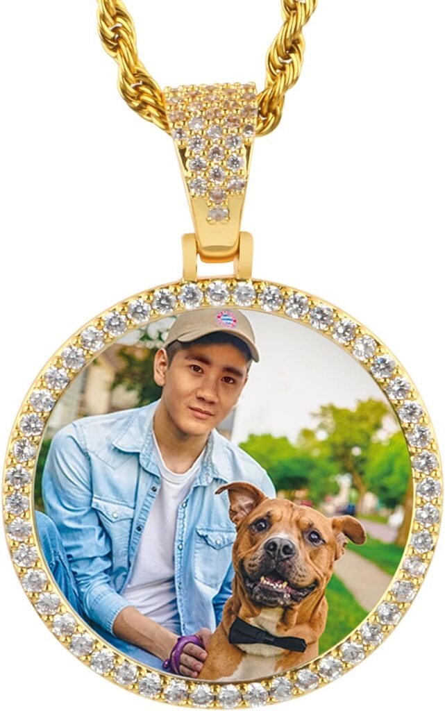 YIMERAIRE Customized Picture Necklace 18k Gold Plated Black/Gold/Silver Personalized Circle Chain Picture Dog Tag Pendant CZ Zicronia Custom Photo Pendant for Men Women