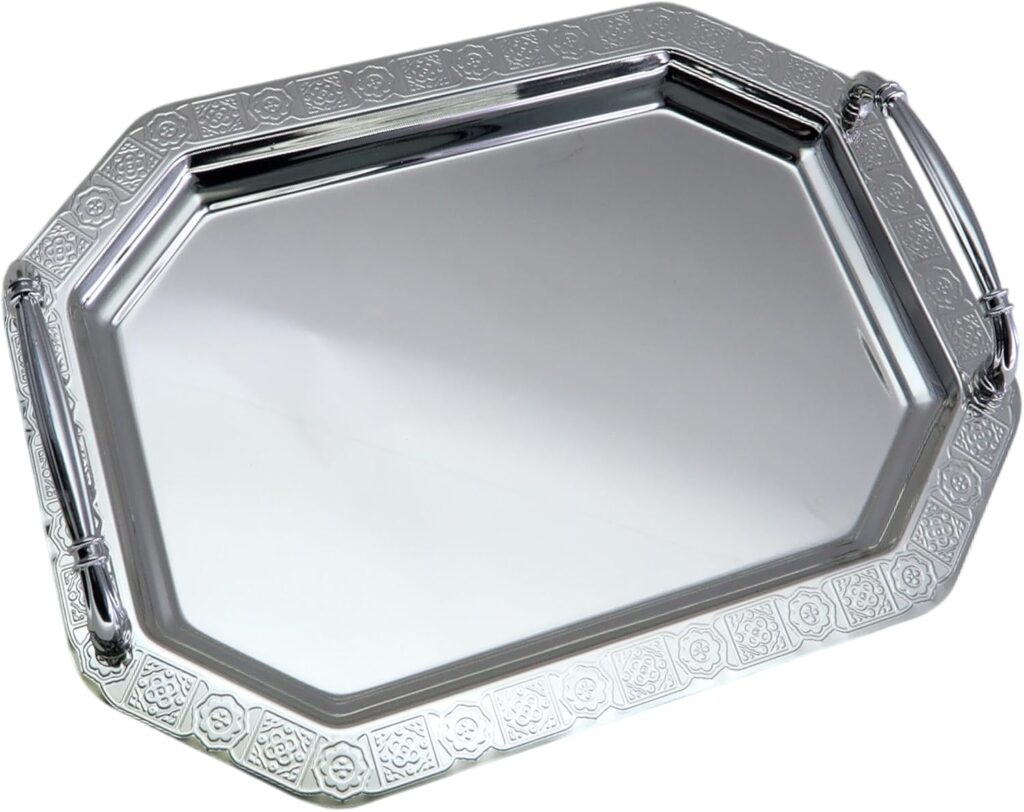 14.6 inch x 10.6 inch Octagonal Chrome Plated Silver Serving Tray with Handles Stylish Design Floral Engraved Edge Birthday Wedding Dessert Buffet Wine Platter Plate FST-045