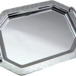 14.6 inch x 10.6 inch Octagonal Chrome Plated Silver Serving Tray with Handles Stylish Design Floral Engraved Edge Birthday Wedding Dessert Buffet Wine Platter Plate FST-045