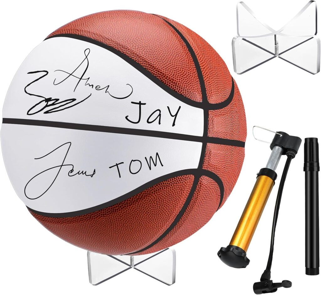 Liliful Autograph Basketball with Acrylic Ball Stand, Signature Pen and Pump Blank Signature Official Ball 4 Panel Basketball for Coach Gifts Birthday Gifts