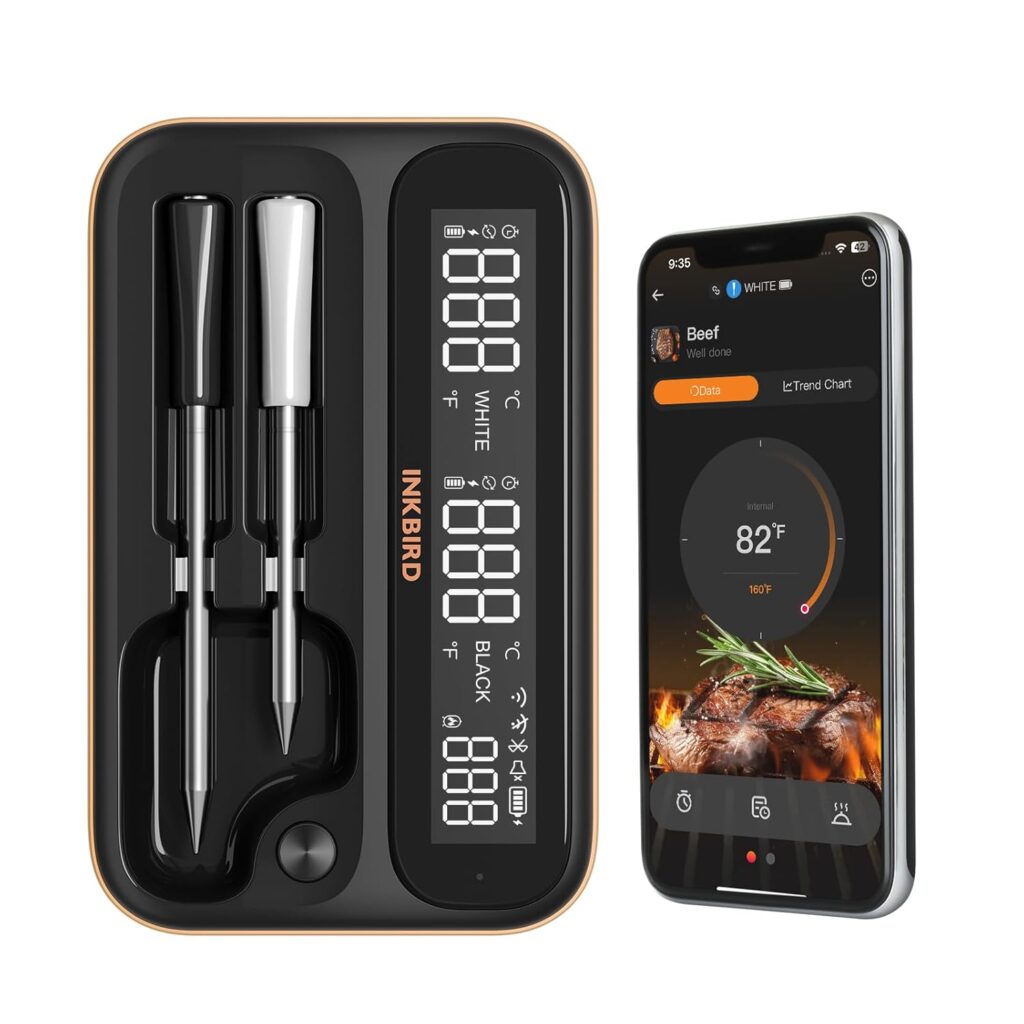5GHz & 2.4GHz WiFi Wireless Meat Thermometer, INKBIRD WiFi Meat Thermometer with 2 Size-Coded Probes and Unlimited Range,Bluetooth 5.4 Thermometer with 360° Readable LCD-Enhanced Booster