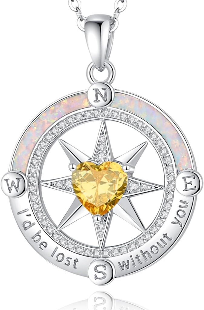 FANCIME Compass Necklace for Women Sterling Silver Compass Jewelry Opal Pendant Fine Jewelry Gemstone Birthday Christmas Gifts for Wife