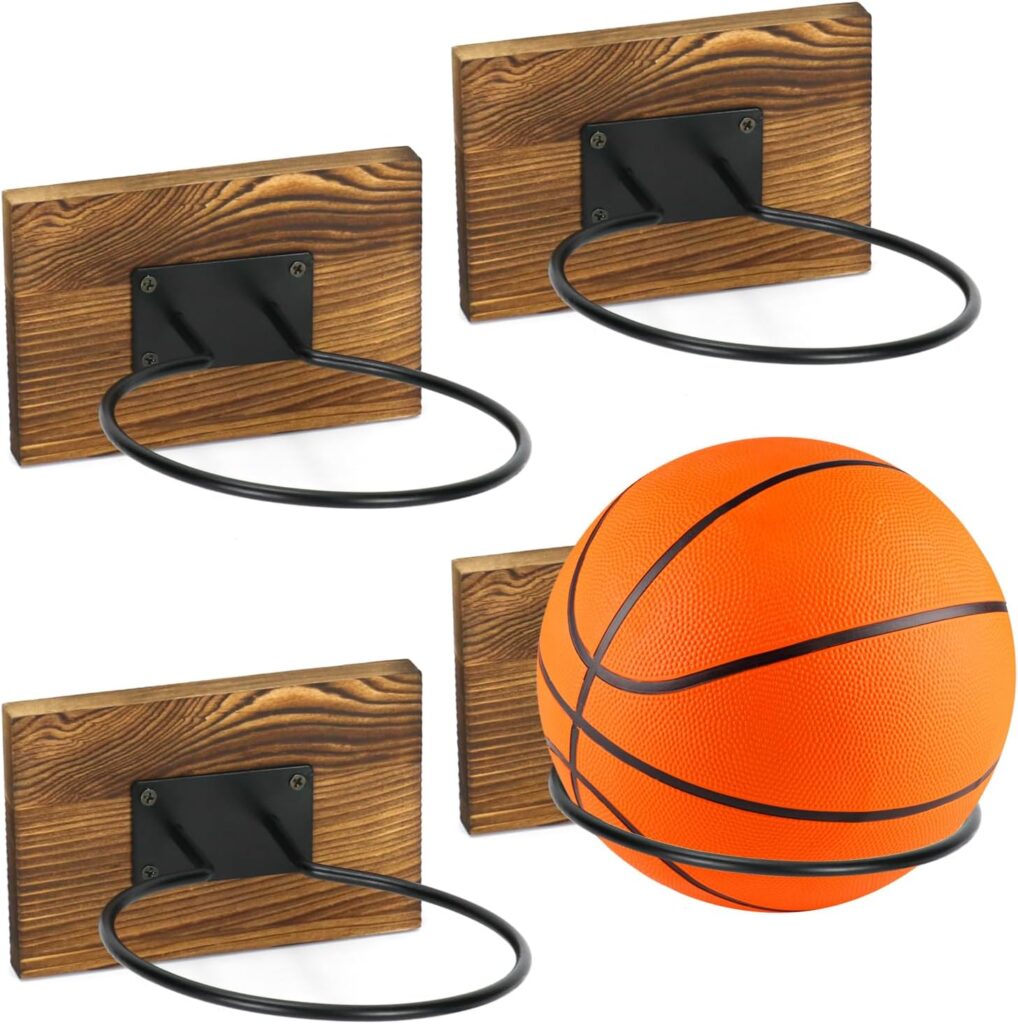 QWORK Wall-Mounted Sports Ball Rack Display Holder – Set of 4, Solid Wood and Metal, Ideal for Home, Gyms, Garage – Holds Footballs, Basketballs, Soccer Balls – for Storage and Memorabilia Display