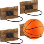 QWORK Wall-Mounted Sports Ball Rack Display Holder – Set of 4, Solid Wood and Metal, Ideal for Home, Gyms, Garage – Holds Footballs, Basketballs, Soccer Balls – for Storage and Memorabilia Display