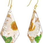 Pressed Flower Handmade Earrings Dangle Geometric Rhombus Sterling Silver Stud with Daisy,Nature Fern Leaf, Rice Flower and Gold Foils in Resin Drop for Women