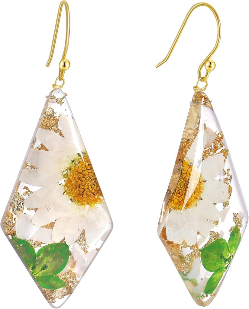 Pressed Flower Handmade Earrings Dangle Geometric Rhombus Sterling Silver Stud with Daisy,Nature Fern Leaf, Rice Flower and Gold Foils in Resin Drop for Women