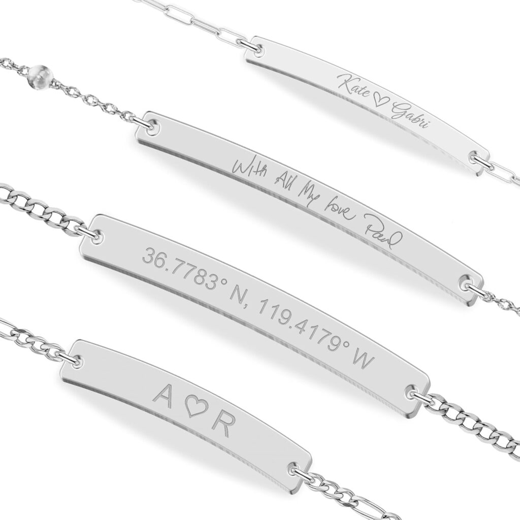Personalized Sterling Silver/Stainless Steel Bar ID Bracelet – Custom Engraved Inspirational Words, Dates or Names- Adjustable – Gift Box Included – Elegant Jewelry for Anniversary, Birthday, Weddings