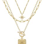MJartoria Layered Necklaces for Women Trendy, 14K Gold Plated Brass Simple Star Choker Square Flower Pendant Necklace, Paperclip Chain Necklaces Jewelry Gifts