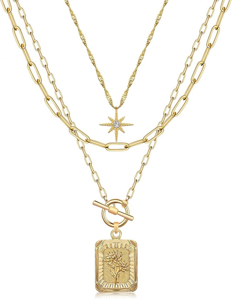 MJartoria Layered Necklaces for Women Trendy, 14K Gold Plated Brass Simple Star Choker Square Flower Pendant Necklace, Paperclip Chain Necklaces Jewelry Gifts