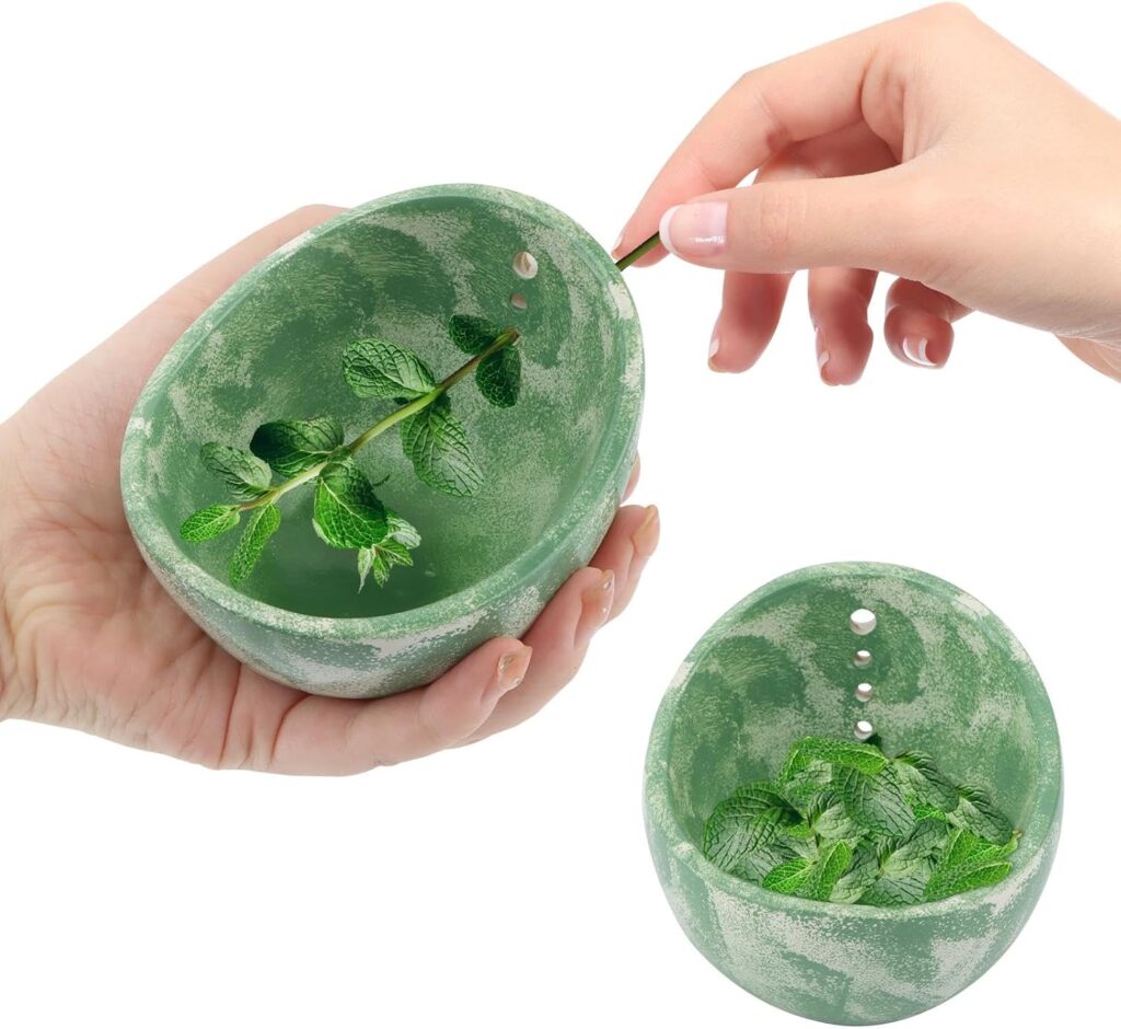 Pottery Herb Stripper Bowl, Handmade Ceramic Herb Peeling Cup with Different Hole Sizes for Separating Leaves and Stems(Color:Green)