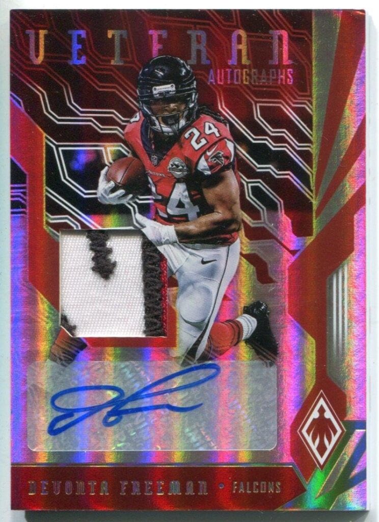 Devonta Freeman Autographed 2018 Panini Phoenix Jersey Patch Card – Football Autographed Game Used Cards