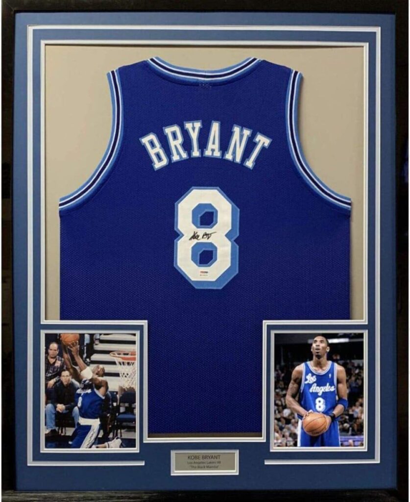 Framed Autographed/Signed Kobe Bryant 33×42 Los Angeles LA Retro Blue Basketball Jersey PSA/DNA COA