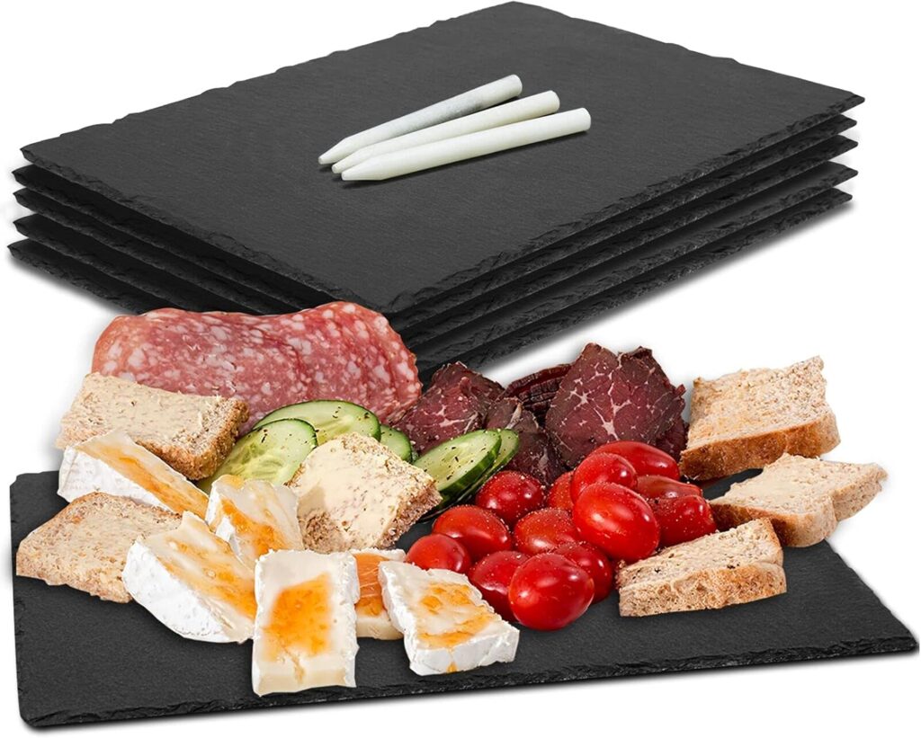 Slate Cheese Boards, 6 Pack 8.8 x 6” Mini Slate Charcuterie Boards Plates Black Serving Tray Stone Plate for Sushi, Party, Wedding, Housewarming Gifts, Halloween Christmas
