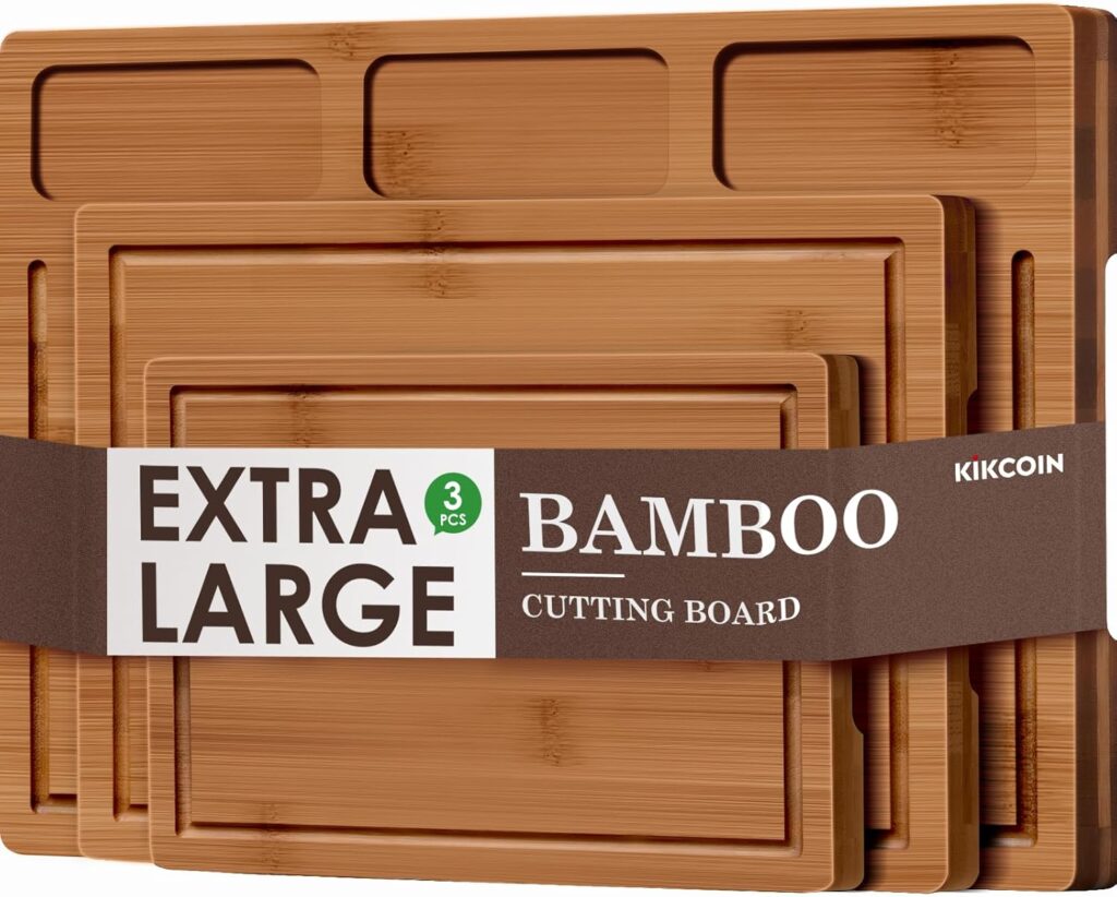 Kikcoin Bamboo Cutting Boards for Kitchen, (Set of 3) Kitchen Chopping Board with 3 Built-In Compartments and Juice Groove Heavy Duty Serving Tray Wood Butcher Block and Wooden Carving Board, Brown