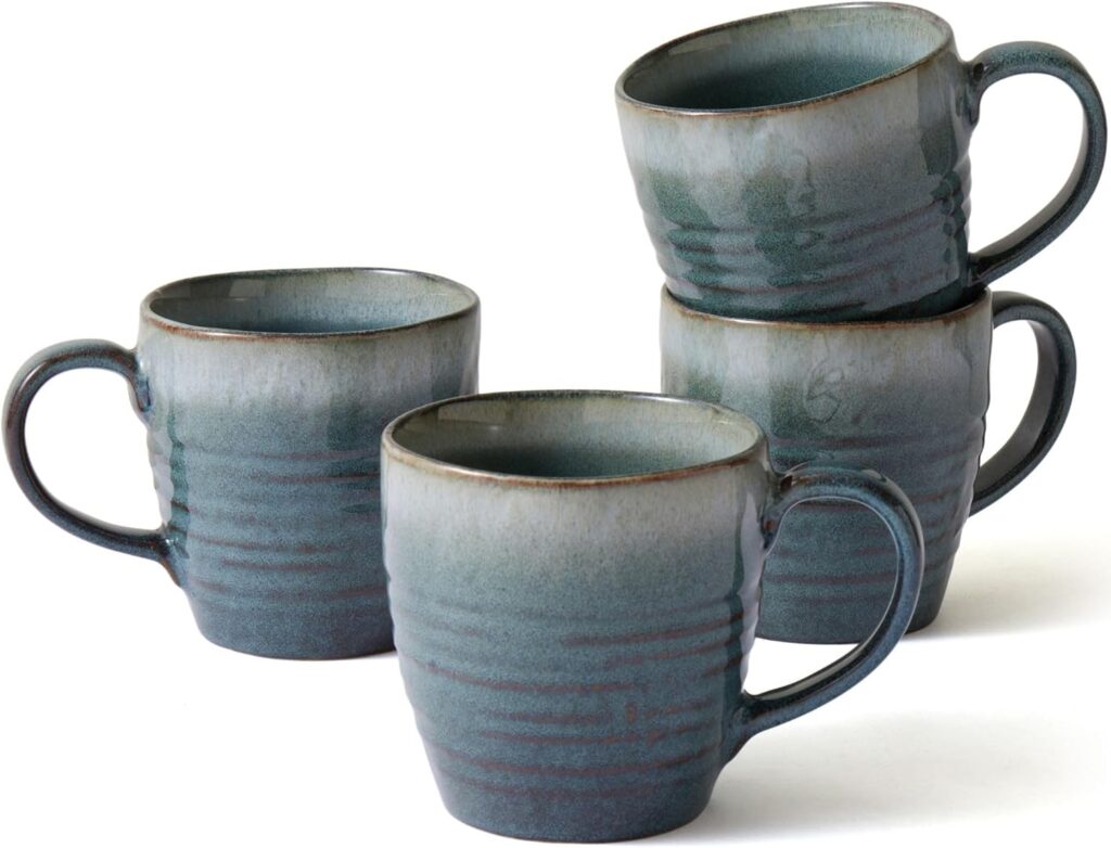 14 oz Coffee Mugs Set of 4, Ceramic Coffee Mugs with Handle – Reactive Glaze Stoneware Coffee Mug Set for Tea, Latte, Cappuccino, Cocoa, Hot Chocolate – Microwave & Dishwasher Safe – Blue