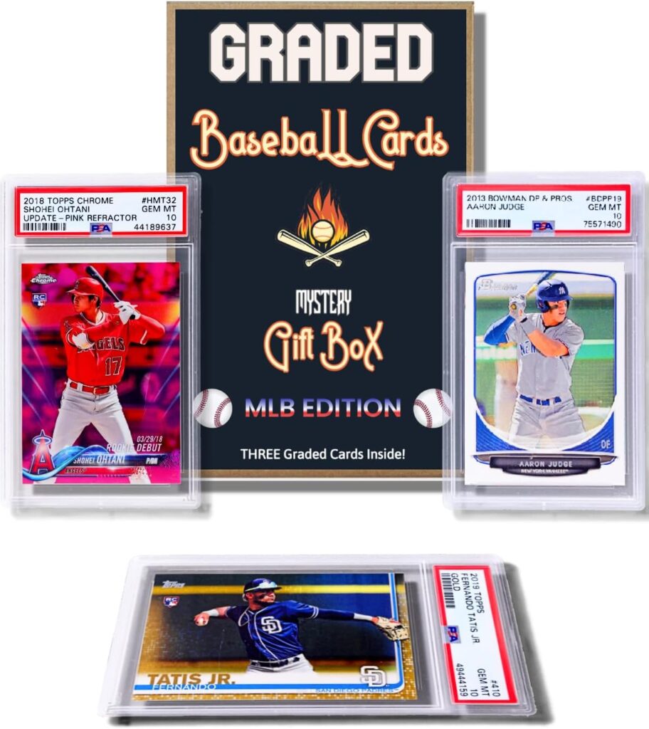 Three Graded Baseball Cards Gift Box: MLB Edition │Three Premium PSA/BGS Graded 10, 9.5 or 9 Cards │Potential Rookie Autographs & Numbered RC Refractors│Gift for Baseball Fans│by Slabs of Heat