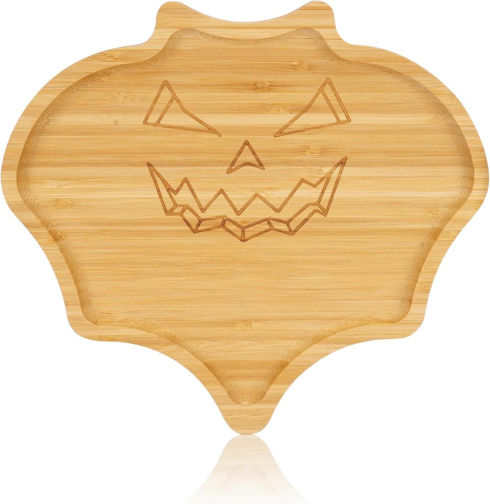 WILLKOMMEN Halloween Serving Platter, Bat Shaped Charcuterie Board, Bamboo Serving Tray 10″ x 9″ for Party Child Spooky Cheese Appetizer Board Serving Dishes Plate for Snacks, Candy, Cookies