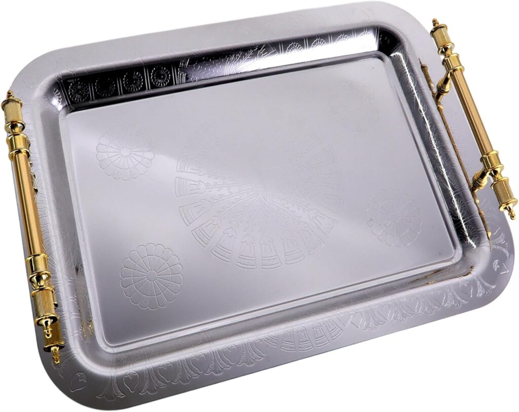 16.9 inch x 12.2 inch Oblong Chrome Plated Serving Tray with Handles Stylish Design Floral Sun Engraved Edge Decorative Party Wedding Dessert Buffet Wine Platter Plate FST-082