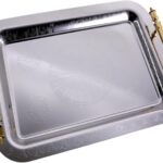 16.9 inch x 12.2 inch Oblong Chrome Plated Serving Tray with Handles Stylish Design Floral Sun Engraved Edge Decorative Party Wedding Dessert Buffet Wine Platter Plate FST-082