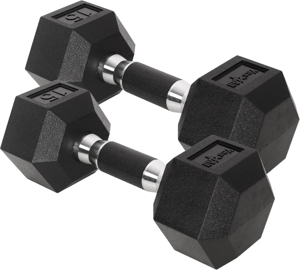 Yes4All Chrome/Rubber Grip Encased Hex Dumbbells – Hand Weights With Anti-Slip 10-30 LBS Pair