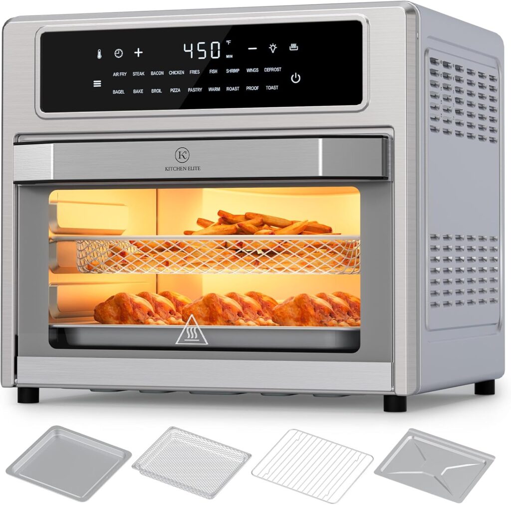 Kitchen Elite Air Fryer Toaster Oven Combo, 26.4 Qt Convection Oven Countertop, 18-in-1, Stainless Steel Large Airfryer, 4 Zone with Accessories, Digital Full Touch Screen, Easy to Clean