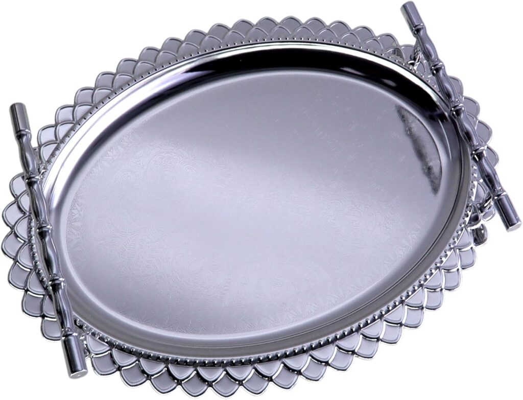 14.6 inch x 11 inch Oval Chrome Plated Silver Serving Tray with Handles Stylish Design Floral Plant Engraved Edge Party Birthday Dessert Buffet Platter Plate FST-084