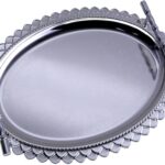 14.6 inch x 11 inch Oval Chrome Plated Silver Serving Tray with Handles Stylish Design Floral Plant Engraved Edge Party Birthday Dessert Buffet Platter Plate FST-084