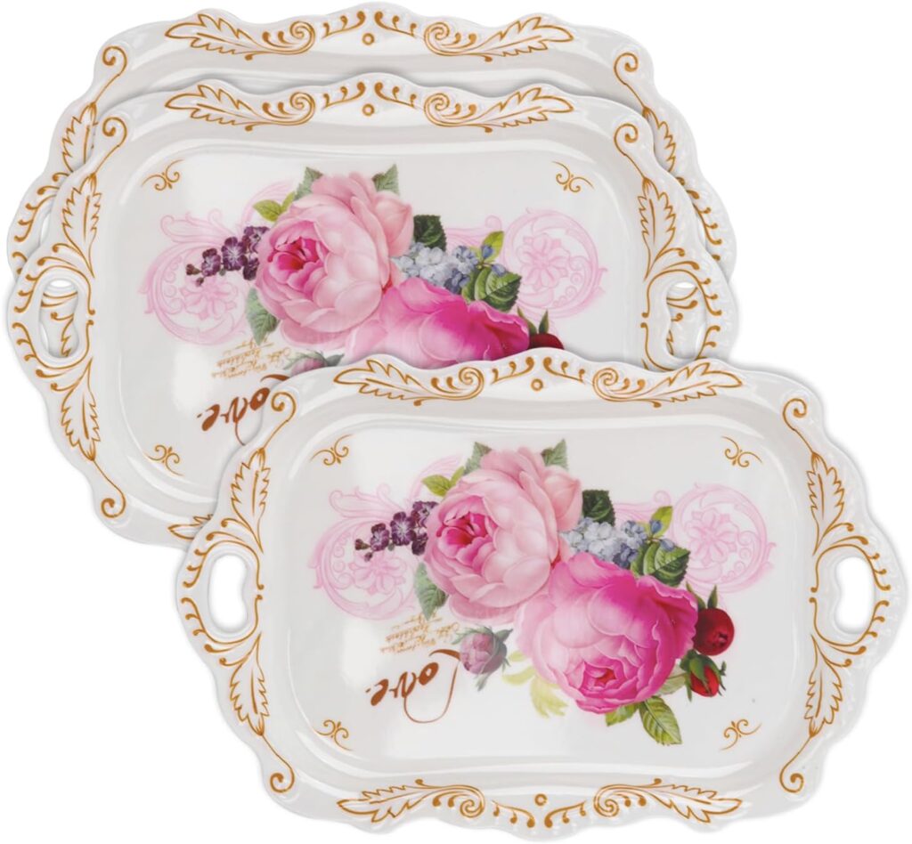 Melamine Serving Tray,Art Trays for Stylish Home Decor, Entertaining & Dining – Rectangular Appetizer Platter, Food Serving Tray with Handles, Lightweight,3 Pack (15 x 10.2 x 1.3 Inches)