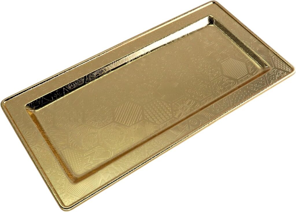 13.6 inch x 6.9 inch Rectangular Iron Gold Plated Serving Tray Floral Engraved Decorative Party Birthday Wedding Buffet Wine Candle Decor Platter Plate Base Dish FST-077