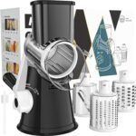 Cambom Rotary Cheese Grater Hand Crank Cheese Shredder for Fresh Cheese, Vegetable, Nuts,Non-slip Suction Base, Free Cleaning Brush Three Blades, Black